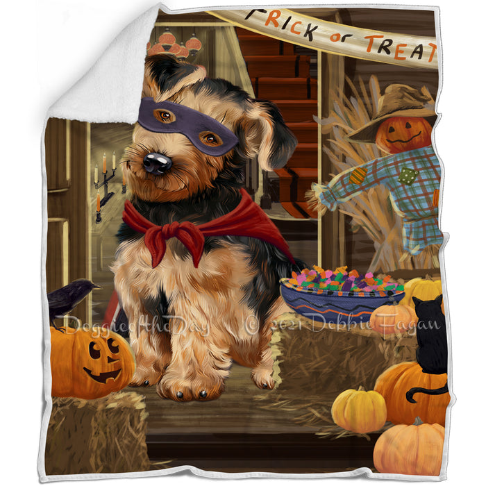 Enter at Own Risk Trick or Treat Halloween Airedale Terrier Dog Blanket BLNKT93666