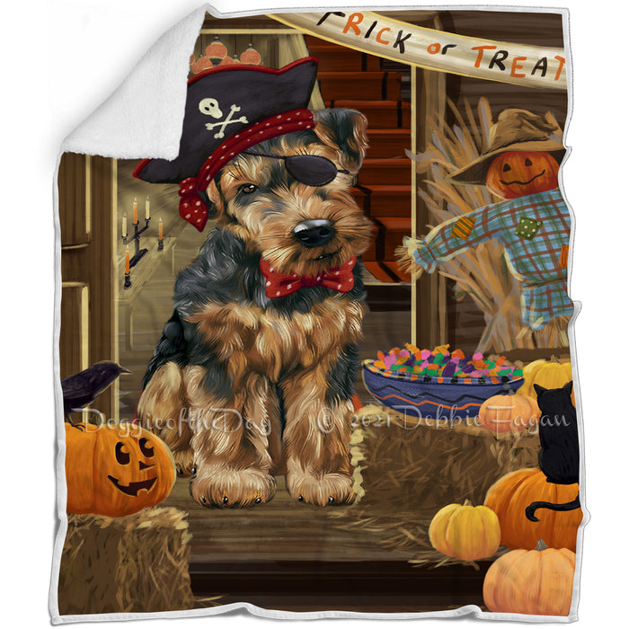 Enter at Own Risk Trick or Treat Halloween Airedale Terrier Dog Blanket BLNKT93675