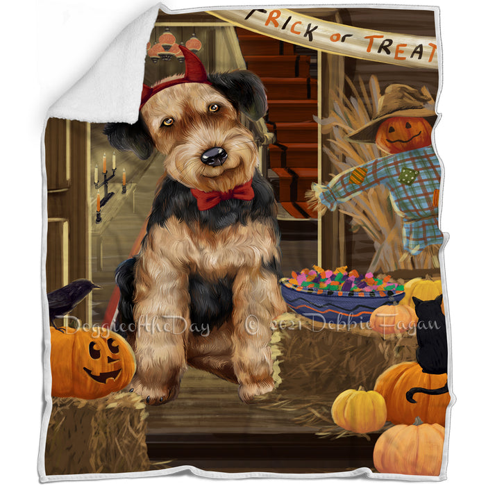 Enter at Own Risk Trick or Treat Halloween Airedale Terrier Dog Blanket BLNKT93684