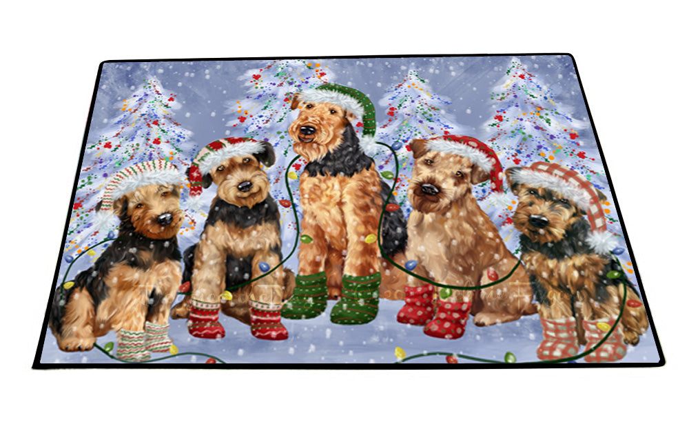 Christmas Lights and Airedale Dogs Floor Mat- Anti-Slip Pet Door Mat Indoor Outdoor Front Rug Mats for Home Outside Entrance Pets Portrait Unique Rug Washable Premium Quality Mat
