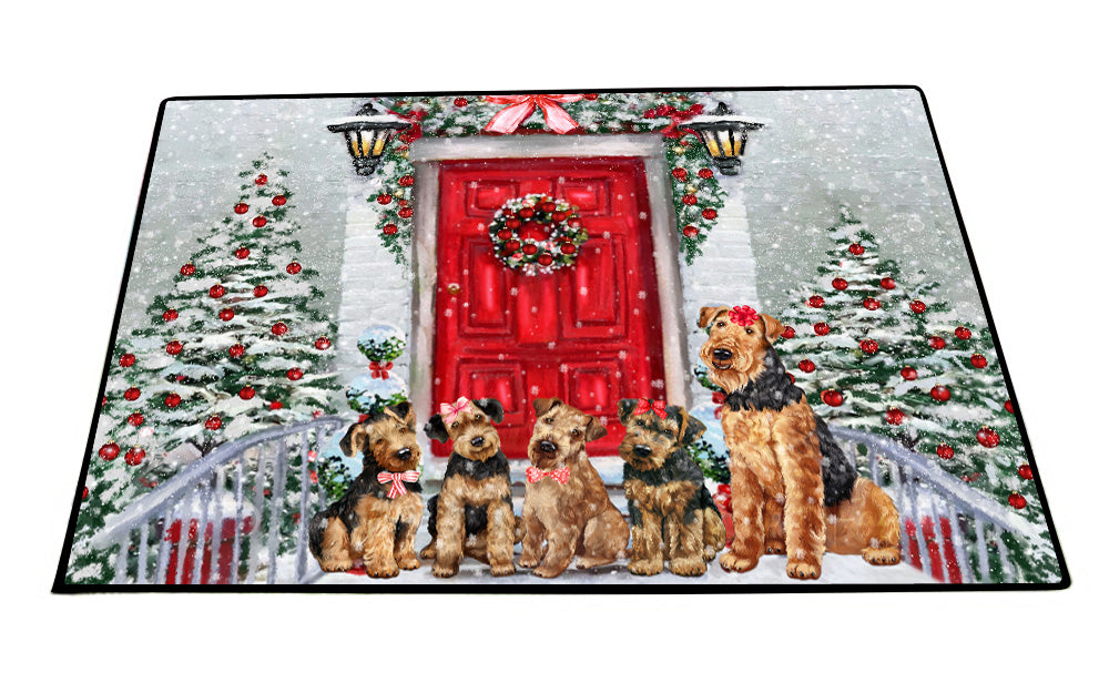 Christmas Holiday Welcome Airedale Dogs Floor Mat- Anti-Slip Pet Door Mat Indoor Outdoor Front Rug Mats for Home Outside Entrance Pets Portrait Unique Rug Washable Premium Quality Mat