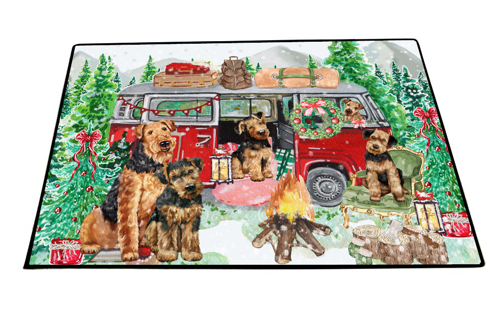 Christmas Time Camping with Airedale Dogs Floor Mat- Anti-Slip Pet Door Mat Indoor Outdoor Front Rug Mats for Home Outside Entrance Pets Portrait Unique Rug Washable Premium Quality Mat