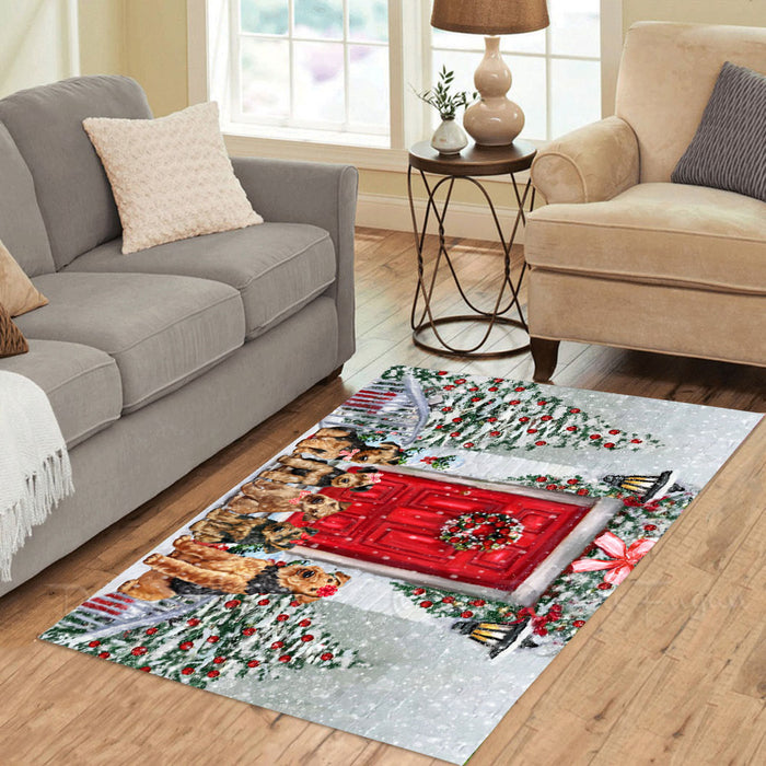 Christmas Holiday Welcome Airedale Dogs Area Rug - Ultra Soft Cute Pet Printed Unique Style Floor Living Room Carpet Decorative Rug for Indoor Gift for Pet Lovers