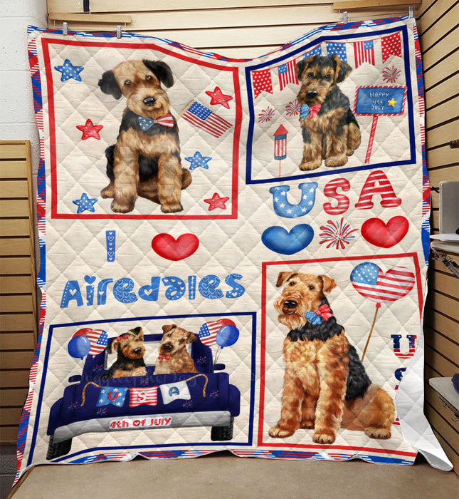 4th of July Independence Day I Love USA Airedale Dogs Quilt Bed Coverlet Bedspread - Pets Comforter Unique One-side Animal Printing - Soft Lightweight Durable Washable Polyester Quilt