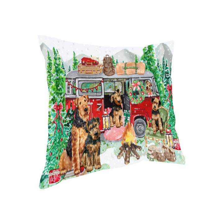 Christmas Time Camping with Airedale Dogs Pillow with Top Quality High-Resolution Images - Ultra Soft Pet Pillows for Sleeping - Reversible & Comfort - Ideal Gift for Dog Lover - Cushion for Sofa Couch Bed - 100% Polyester