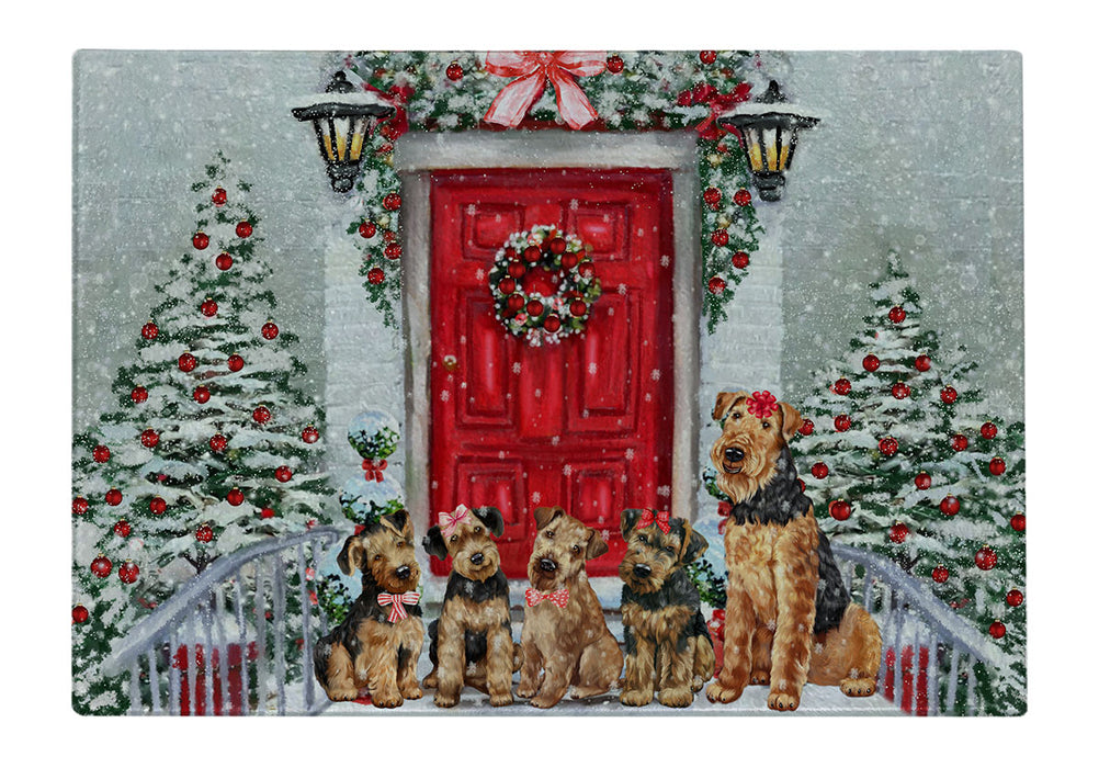 Christmas Holiday Welcome Airedale Dogs Cutting Board - For Kitchen - Scratch & Stain Resistant - Designed To Stay In Place - Easy To Clean By Hand - Perfect for Chopping Meats, Vegetables