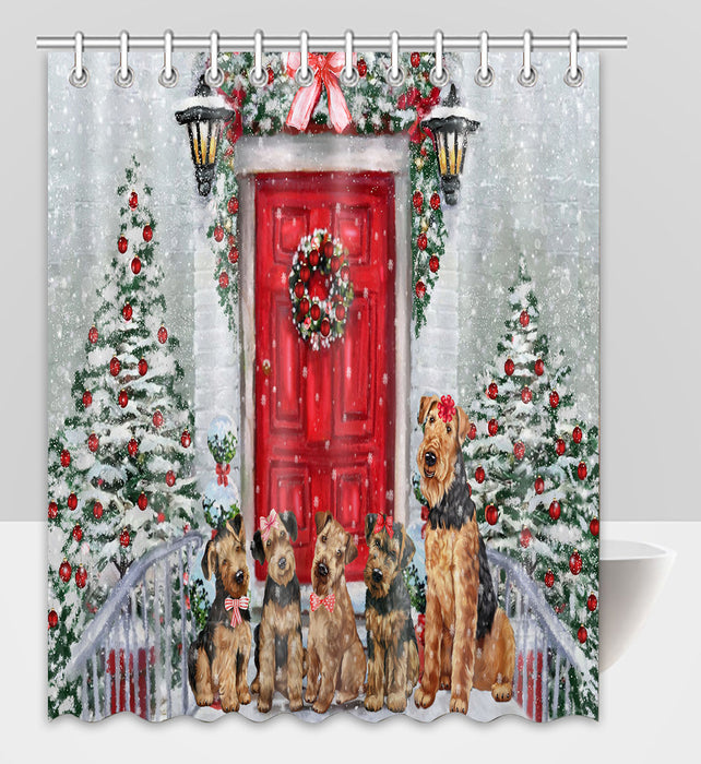 Christmas Holiday Welcome Airedale Dogs Shower Curtain Pet Painting Bathtub Curtain Waterproof Polyester One-Side Printing Decor Bath Tub Curtain for Bathroom with Hooks