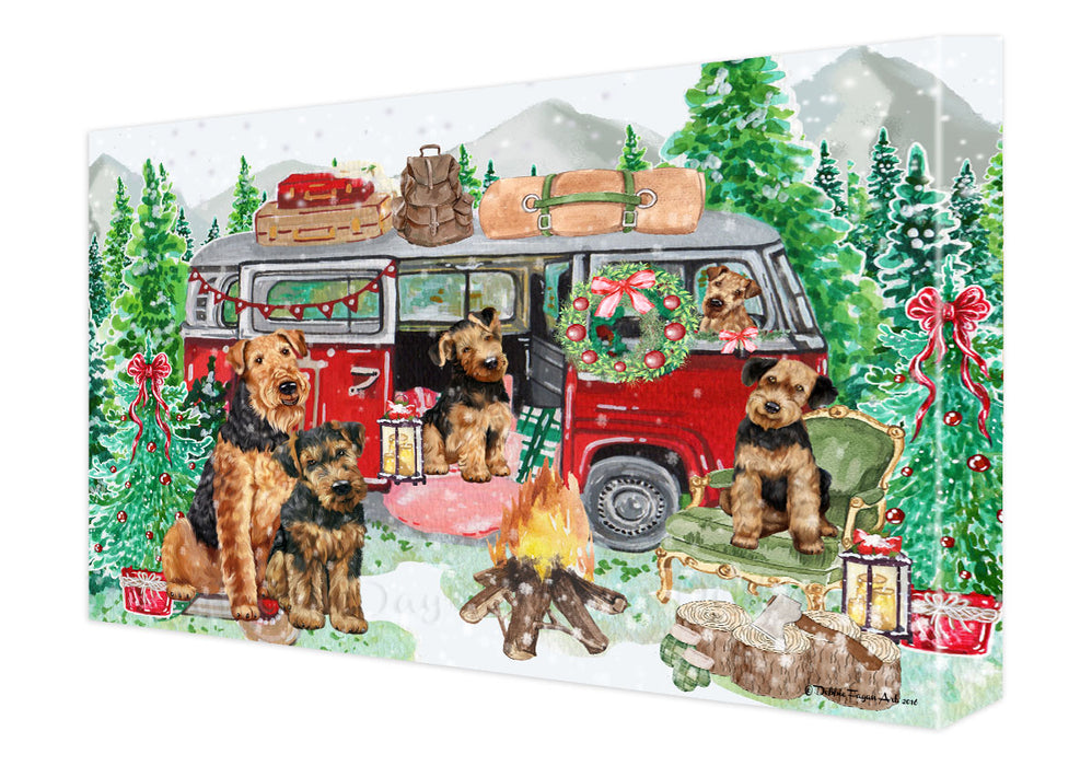 Christmas Time Camping with Airedale Dogs Canvas Wall Art - Premium Quality Ready to Hang Room Decor Wall Art Canvas - Unique Animal Printed Digital Painting for Decoration