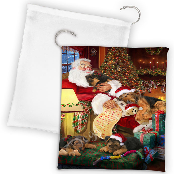Santa Sleeping with Airedale Dogs Drawstring Laundry or Gift Bag LGB48761