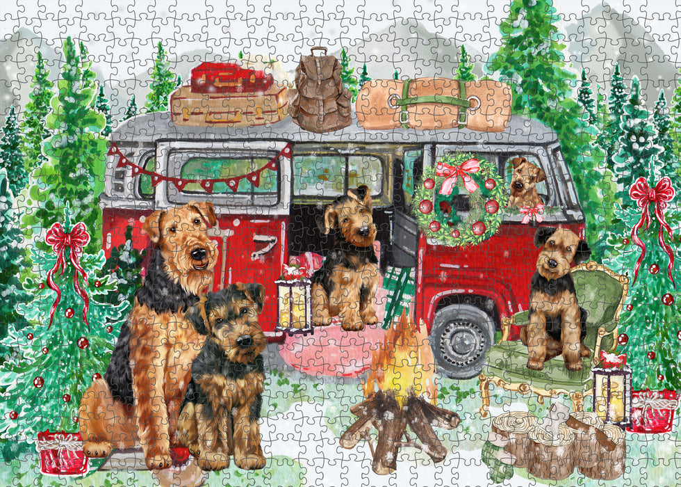 Christmas Time Camping with Airedale Dogs Portrait Jigsaw Puzzle for Adults Animal Interlocking Puzzle Game Unique Gift for Dog Lover's with Metal Tin Box