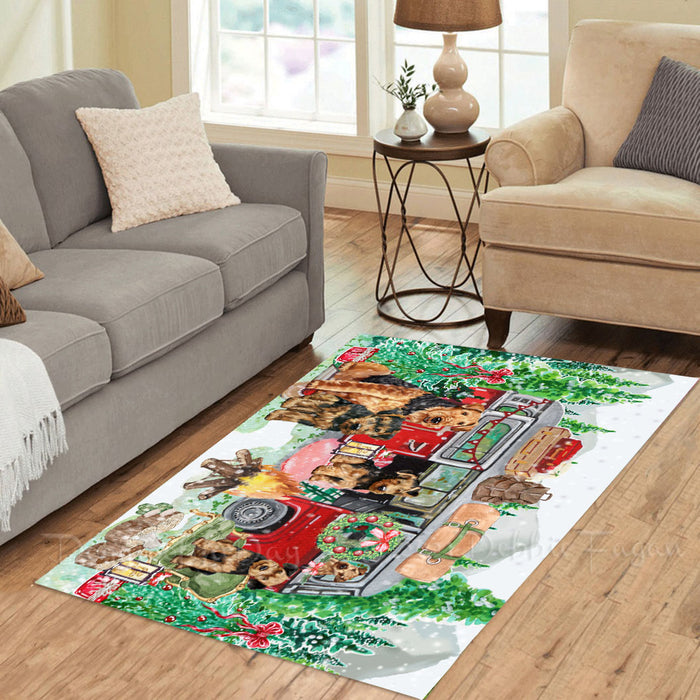 Christmas Time Camping with Airedale Dogs Area Rug - Ultra Soft Cute Pet Printed Unique Style Floor Living Room Carpet Decorative Rug for Indoor Gift for Pet Lovers