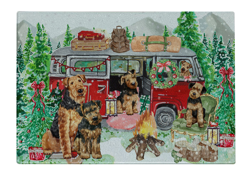 Christmas Time Camping with Airedale Dogs Cutting Board - For Kitchen - Scratch & Stain Resistant - Designed To Stay In Place - Easy To Clean By Hand - Perfect for Chopping Meats, Vegetables