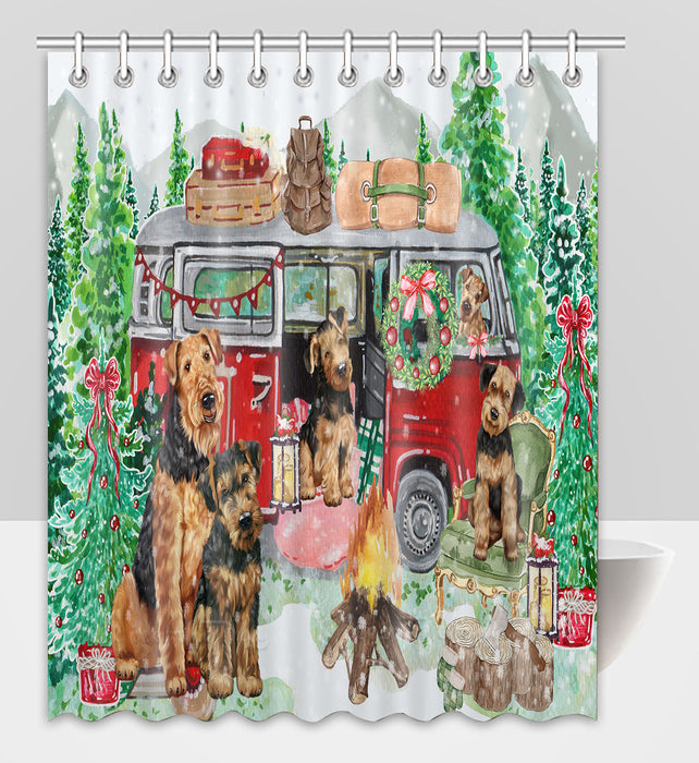 Christmas Time Camping with Airedale Dogs Shower Curtain Pet Painting Bathtub Curtain Waterproof Polyester One-Side Printing Decor Bath Tub Curtain for Bathroom with Hooks