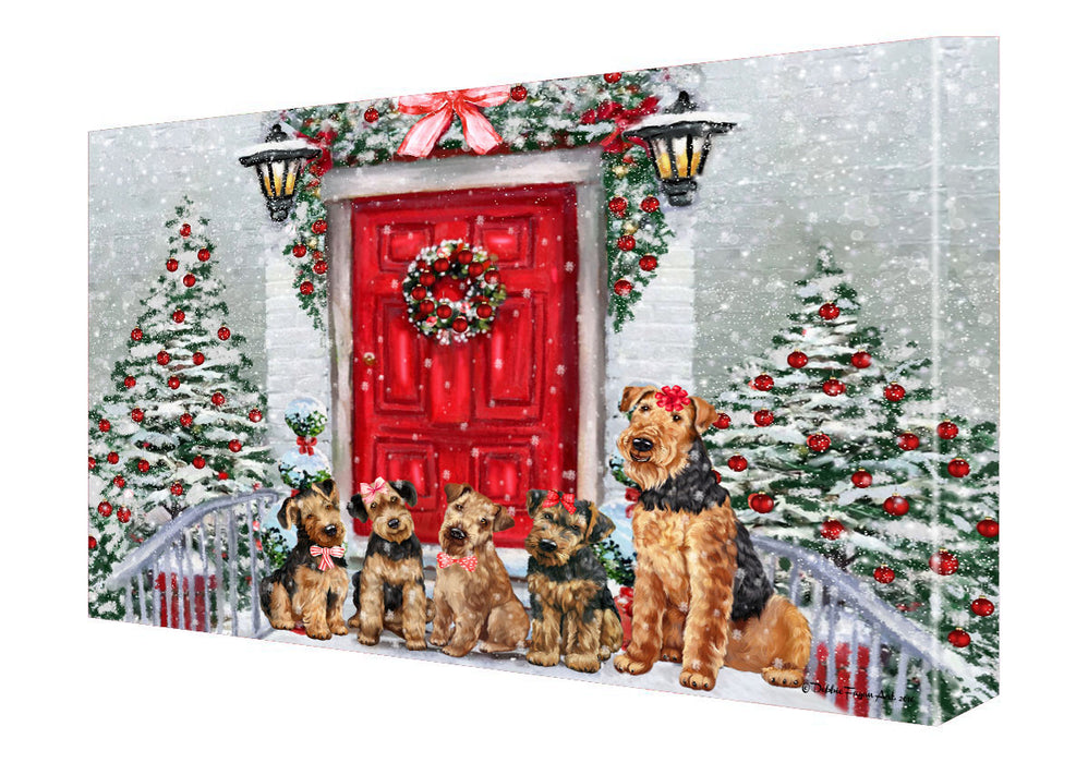 Christmas Holiday Welcome Airedale Dogs Canvas Wall Art - Premium Quality Ready to Hang Room Decor Wall Art Canvas - Unique Animal Printed Digital Painting for Decoration