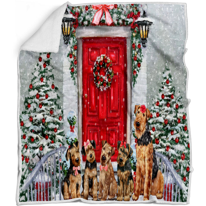Christmas Holiday Welcome Airedale Dogs Blanket - Lightweight Soft Cozy and Durable Bed Blanket - Animal Theme Fuzzy Blanket for Sofa Couch