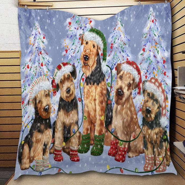 Christmas Lights and Airedale Dogs  Quilt Bed Coverlet Bedspread - Pets Comforter Unique One-side Animal Printing - Soft Lightweight Durable Washable Polyester Quilt