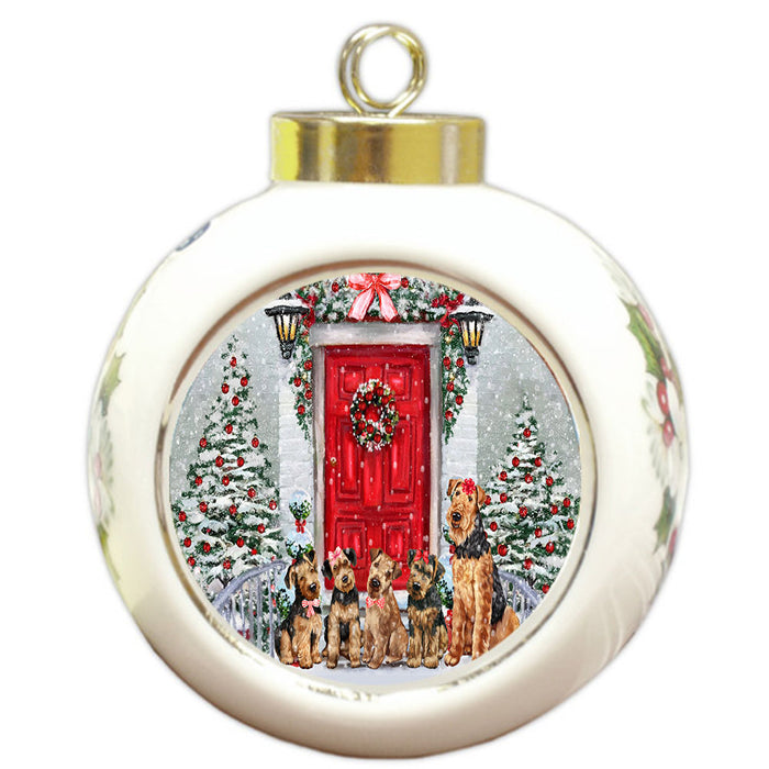 Christmas Holiday Welcome Airedale Dogs Round Ball Christmas Ornament Pet Decorative Hanging Ornaments for Christmas X-mas Tree Decorations - 3" Round Ceramic Ornament