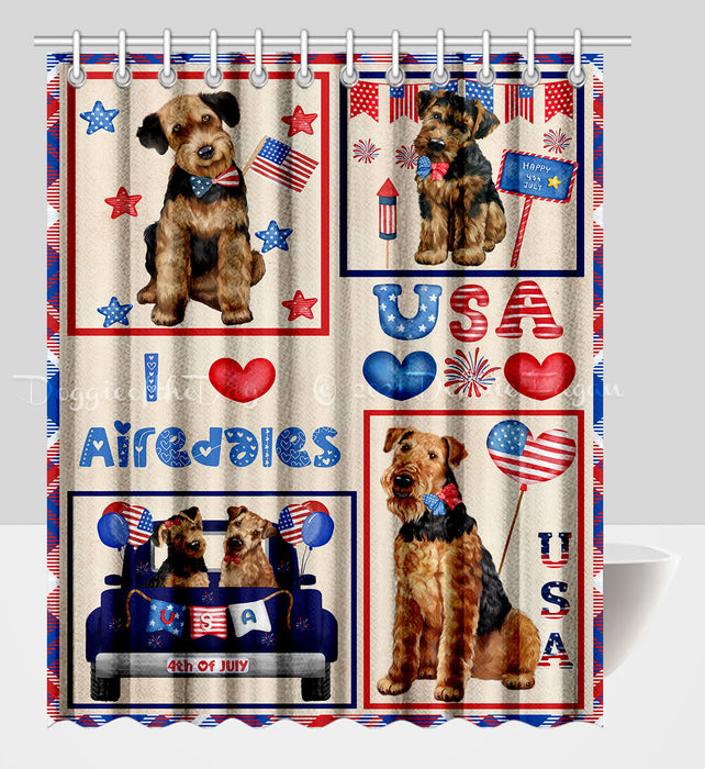 4th of July Independence Day I Love USA Airedale Dogs Shower Curtain Pet Painting Bathtub Curtain Waterproof Polyester One-Side Printing Decor Bath Tub Curtain for Bathroom with Hooks