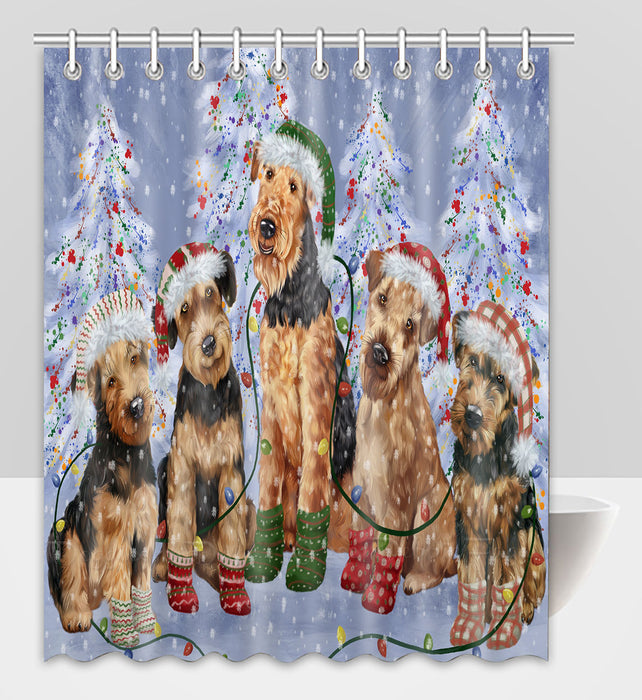Christmas Lights and Airedale Dogs Shower Curtain Pet Painting Bathtub Curtain Waterproof Polyester One-Side Printing Decor Bath Tub Curtain for Bathroom with Hooks