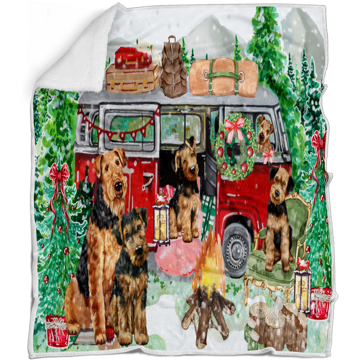 Christmas Time Camping with Airedale Dogs Blanket - Lightweight Soft Cozy and Durable Bed Blanket - Animal Theme Fuzzy Blanket for Sofa Couch