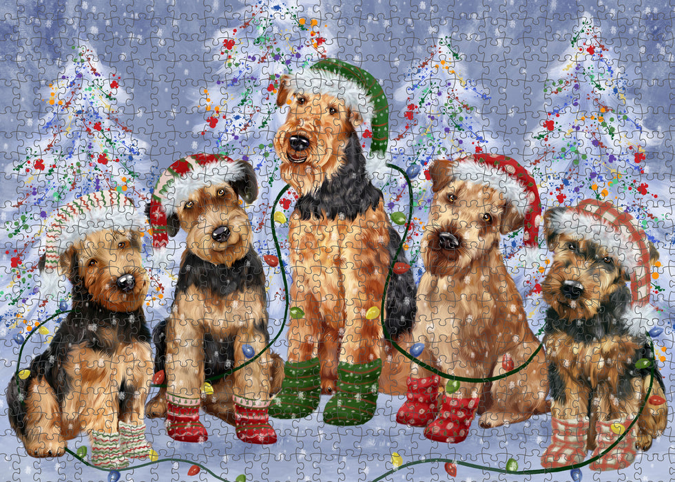 Christmas Lights and Airedale Dogs Portrait Jigsaw Puzzle for Adults Animal Interlocking Puzzle Game Unique Gift for Dog Lover's with Metal Tin Box