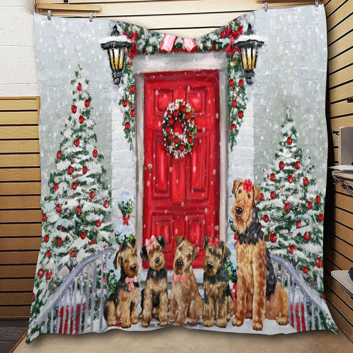 Christmas Holiday Welcome Airedale Dogs  Quilt Bed Coverlet Bedspread - Pets Comforter Unique One-side Animal Printing - Soft Lightweight Durable Washable Polyester Quilt