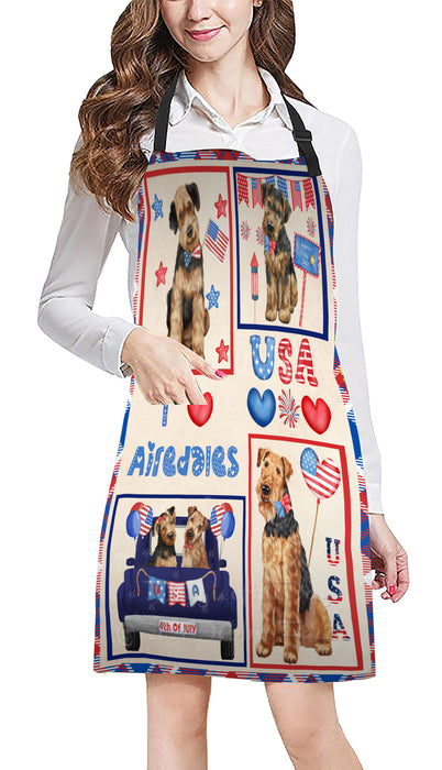 4th of July Independence Day I Love USA Airedale Dogs Apron - Adjustable Long Neck Bib for Adults - Waterproof Polyester Fabric With 2 Pockets - Chef Apron for Cooking, Dish Washing, Gardening, and Pet Grooming