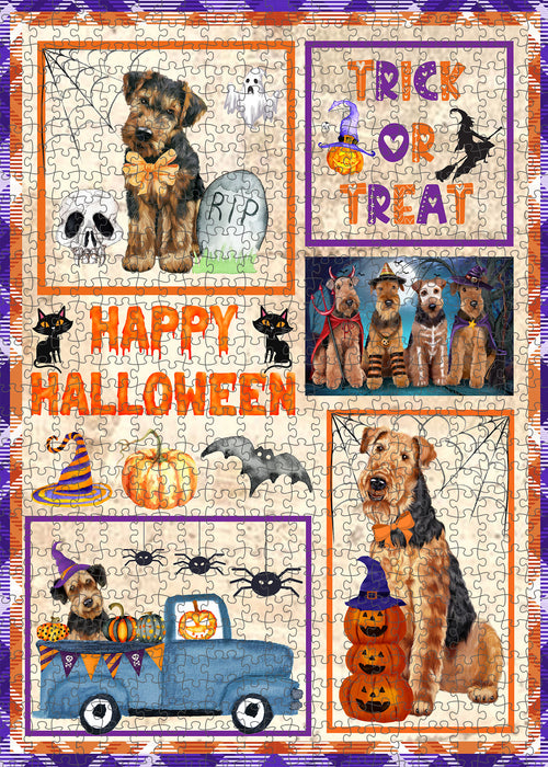 Happy Halloween Trick or Treat Airedale Dogs Portrait Jigsaw Puzzle for Adults Animal Interlocking Puzzle Game Unique Gift for Dog Lover's with Metal Tin Box