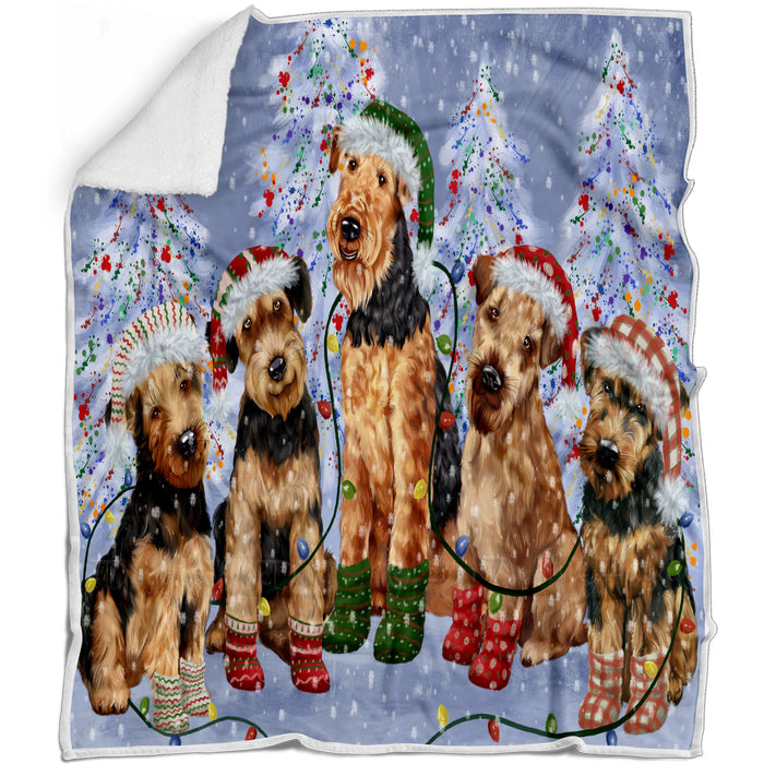 Christmas Lights and Airedale Dogs Blanket - Lightweight Soft Cozy and Durable Bed Blanket - Animal Theme Fuzzy Blanket for Sofa Couch