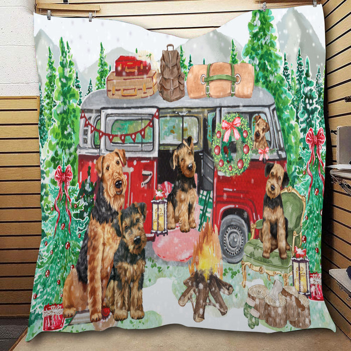 Christmas Time Camping with Airedale Dogs  Quilt Bed Coverlet Bedspread - Pets Comforter Unique One-side Animal Printing - Soft Lightweight Durable Washable Polyester Quilt