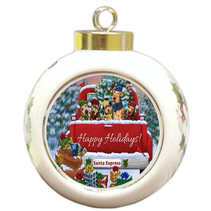 Christmas Red Truck Travlin Home for the Holidays Airedale Dogs Round Ball Christmas Ornament Pet Decorative Hanging Ornaments for Christmas X-mas Tree Decorations - 3" Round Ceramic Ornament