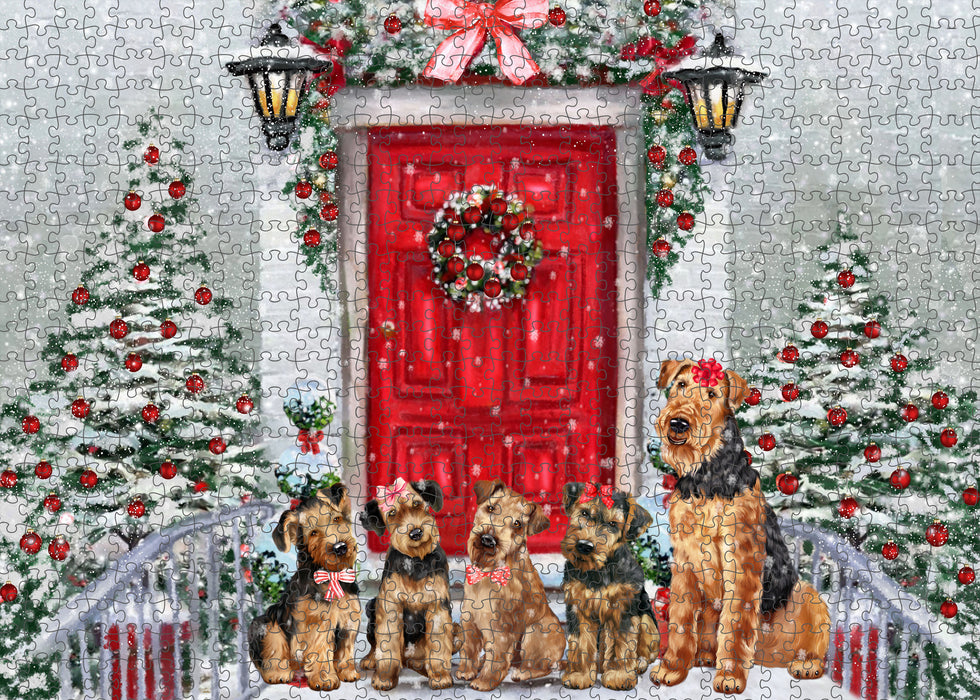 Christmas Holiday Welcome Airedale Dogs Portrait Jigsaw Puzzle for Adults Animal Interlocking Puzzle Game Unique Gift for Dog Lover's with Metal Tin Box