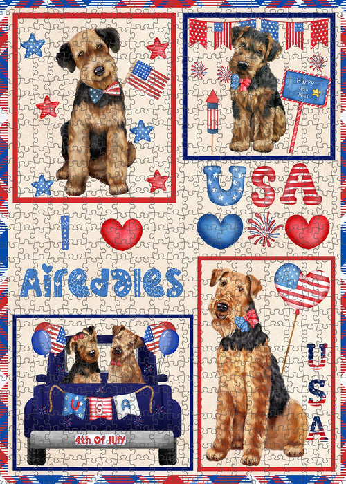 4th of July Independence Day I Love USA Airedale Dogs Portrait Jigsaw Puzzle for Adults Animal Interlocking Puzzle Game Unique Gift for Dog Lover's with Metal Tin Box