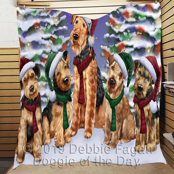 Airedale Dogs Christmas Family Portrait in Holiday Scenic Background Quilt