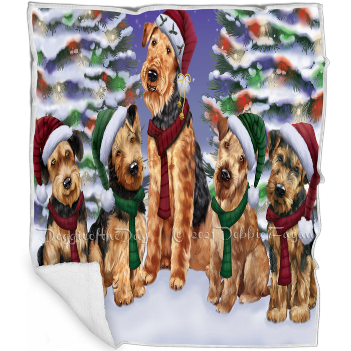 Airedales Dog Christmas Family Portrait in Holiday Scenic Background Art Portrait Print Woven Throw Sherpa Plush Fleece Blanket