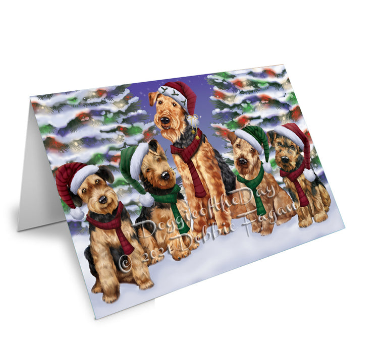 Christmas Family Portrait Airedale Terrier Dog Handmade Artwork Assorted Pets Greeting Cards and Note Cards with Envelopes for All Occasions and Holiday Seasons