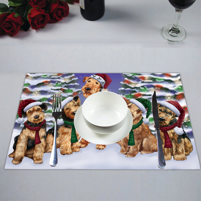 Airedale Dogs Christmas Family Portrait in Holiday Scenic Background Placemat