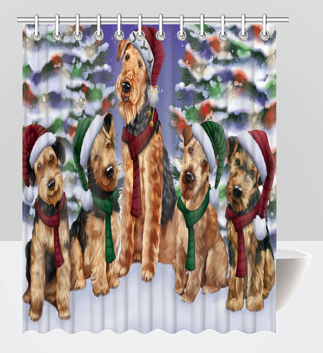 Airedale Dogs Christmas Family Portrait in Holiday Scenic Background Shower Curtain
