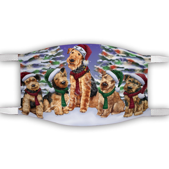 Airedale Dogs Christmas Family Portrait in Holiday Scenic Background Face Mask FM48302