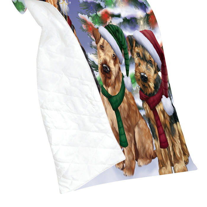 Airedale Dogs Christmas Family Portrait in Holiday Scenic Background Quilt