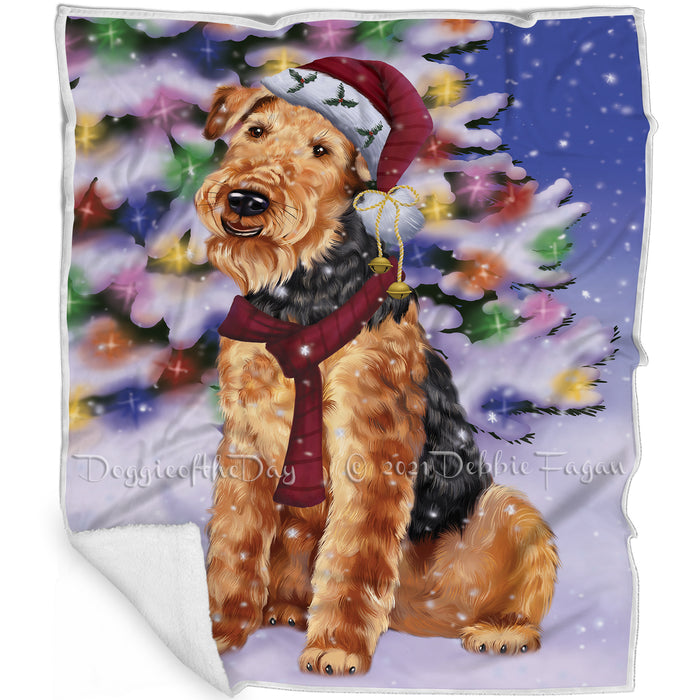 Winterland Wonderland Airedale Dog In Christmas Holiday Scenic Background Blanket