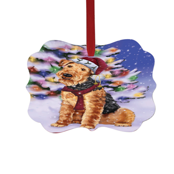 Winterland Wonderland Airedale Dog In Christmas Holiday Scenic Background Double-Sided Photo Benelux Christmas Ornament LOR49480