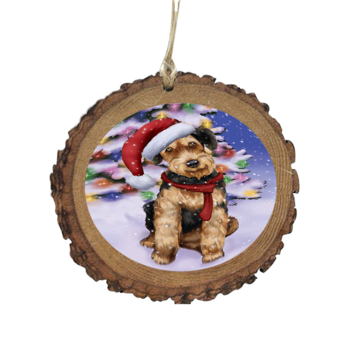 Winterland Wonderland Airedale Dog In Christmas Holiday Scenic Background Wooden Christmas Ornament WOR49481