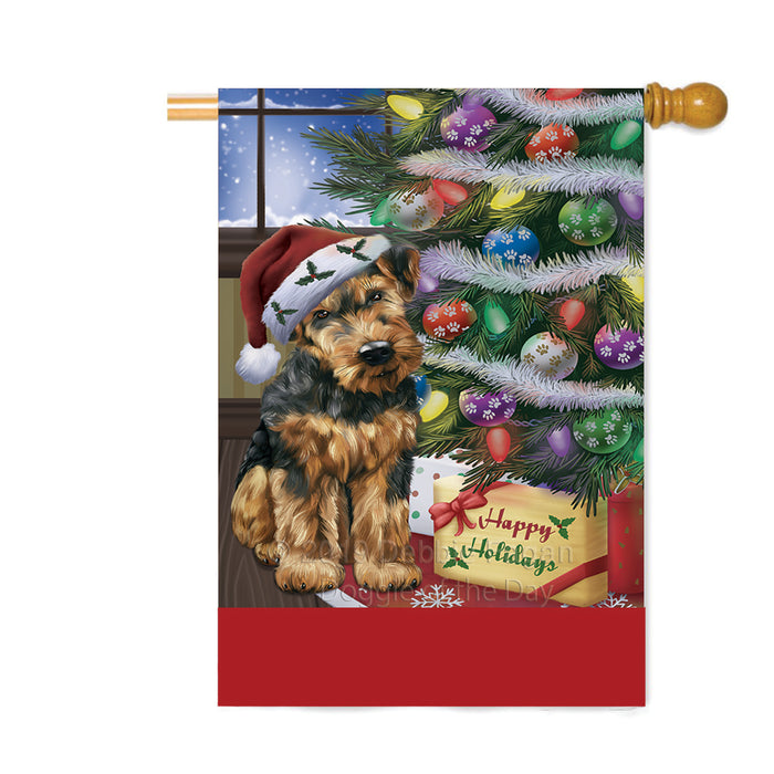 Personalized Christmas Happy Holidays Airedale Dog with Tree and Presents Custom House Flag FLG-DOTD-A58632