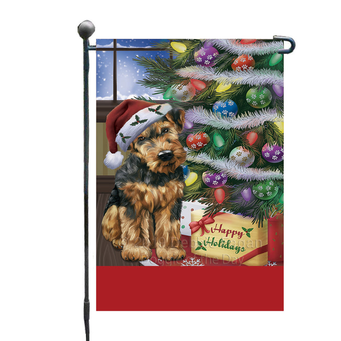 Personalized Christmas Happy Holidays Airedale Dog with Tree and Presents Custom Garden Flags GFLG-DOTD-A58576