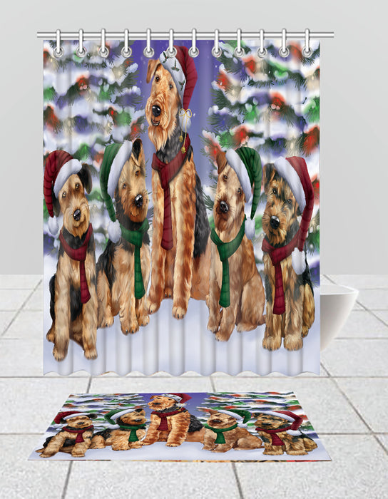 Airedale Dogs Christmas Family Portrait in Holiday Scenic Background  Bath Mat and Shower Curtain Combo