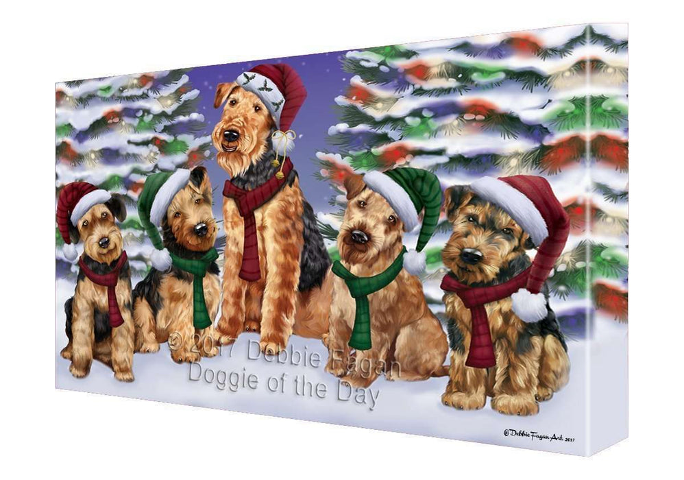 Airedales Dog Christmas Family Portrait in Holiday Scenic Background Canvas Wall Art