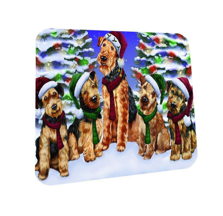 Airedales Dog Christmas Family Portrait in Holiday Scenic Background Coasters Set of 4