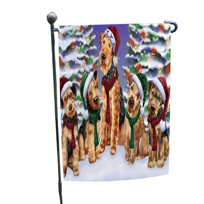 Airedales Dog Christmas Family Portrait in Holiday Scenic Background Garden Flag