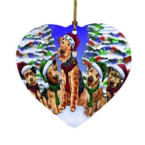 Airedales Dog Christmas Family Portrait in Holiday Scenic Background Heart Ornament D127